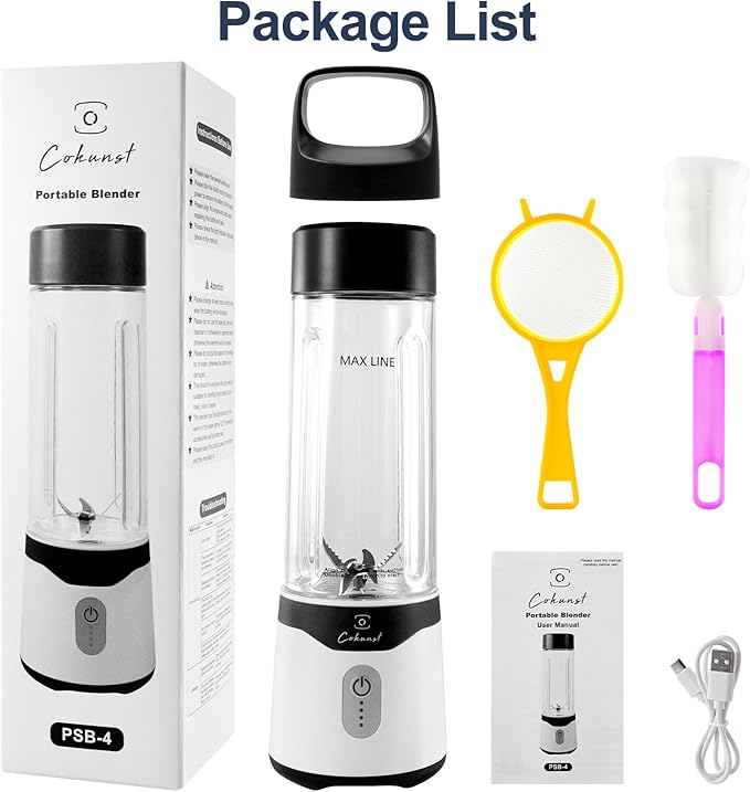 COKUNST 18oz Portable Blender with 6 Blades for Protein & Shakes, USB Rechargeable Juices Mixer, Small Blender with Extra Handle Lid for Travel Sports Outgoing-Black