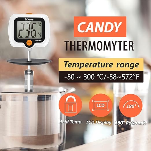 Digital Candy Thermometer with Adjustable Display, 304 Stainless Steel Probe, -58°F~572°F, White Body, Includes 2 Pot Clips & Heat-Insulating Pad for Sugar Syrup, Jam, Chocolate, Frying Oil