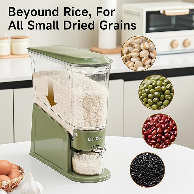 Rice Dispenser 11Lbs, Slim Rice Storage Container for Small Space, BPA-Free Clear Dry Food Dispenser Sealed Moisture Proof, Grain&Cereal Storage Bucket for Kitchen Pantry Household,Green