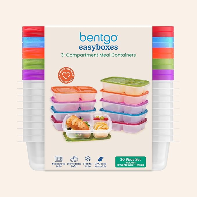 Bentgo Easyboxes - Original Stackable Lunch Boxes - Reusable 3-Compartment Food Containers for Kids and Adults - Bento Lunch Box for Meal Prep, School, & Work - BPA Free, Set of 10 (Classic)