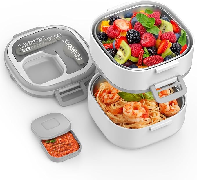 Double-Layer Bento Lunch Box for Kids & Adults with Removable Stainless Steel Dividers,Dressing Container,BPA-Free,Dishwasher Safe - Includes Utensil,(White,Non-Insulated)