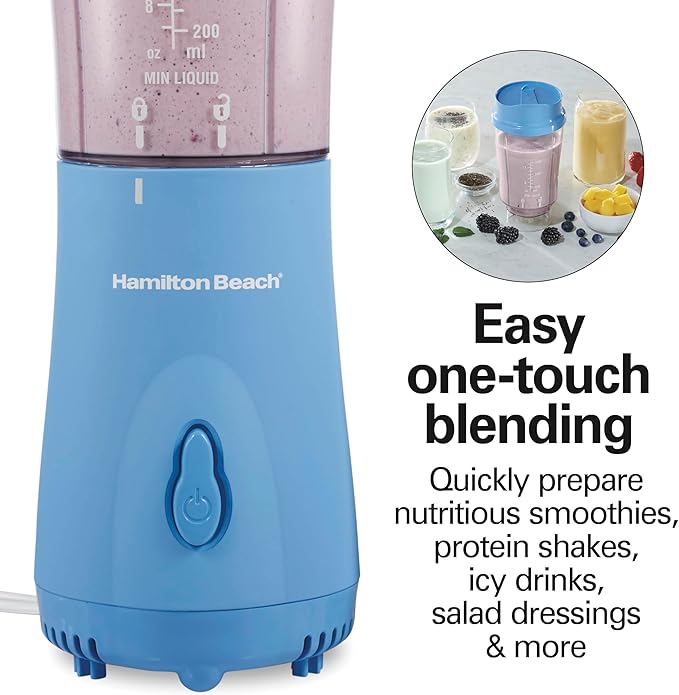 Hamilton Beach Portable Blender for Shakes and Smoothies, 14 Oz BPA Free Travel Cup & Lid, Durable Stainless Steel Blades, Personal Smoothie Blender, Tranquil Blue (51172)