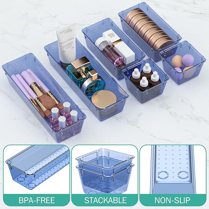 WOWBOX 9 Pack Clear Drawer Organizer Set, Acrylic Drawer Storage Trays, Storage Bins for Makeup, Cosmetics, Jewelries, Utensils, Gadgets, Office, Dark Blue
