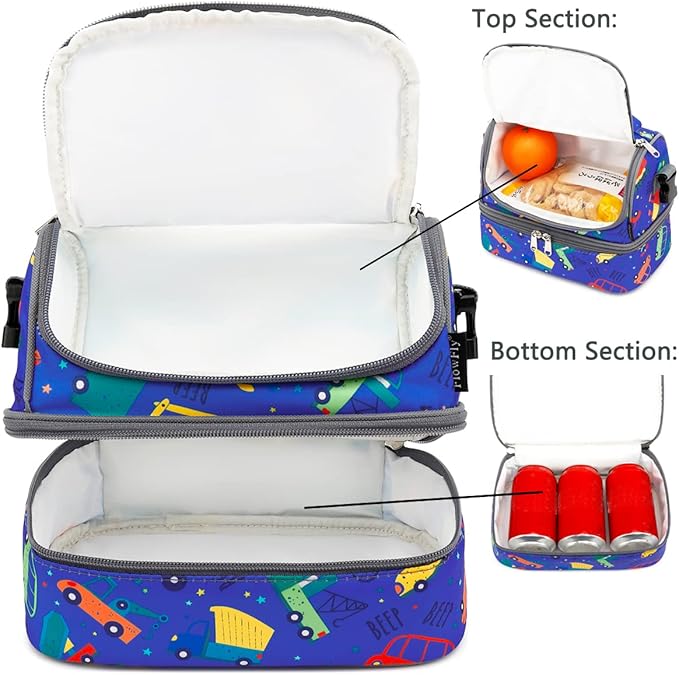 FlowFly Kids Double Decker Cooler Insulated Lunch Bag Large Tote for Boys, Girls, Men, Women, With Adjustable Strap, Car