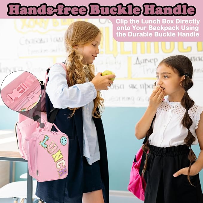 FlowFly Lunch box Insulated Soft Bag Mini Cooler Back to School Thermal Meal Tote Kit With Buckle and Mesh Side Pocket for Girls, Boys, PinkWithLetter