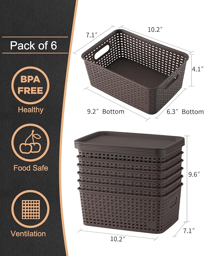 AREYZIN Lidded Storage Bins Plastic Storage Baskets With Lid Organizing Container Knit Storage Organizer Bins for Shelves Drawers Desktop Playroom Classroom Office, 6 Pack,Brown