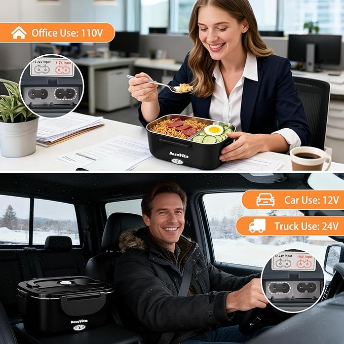 Electric Lunch Box for Adults, 80W Heated Lunch Box, 1.5L Stainless Steel Container | 12V/24V (Car/Truck) & 110V (Office/Home) | with Fork&Spoon and Insulated Carry Bag (Black-Dual Container)