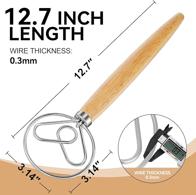 Danish Dough Whisk Dutch Bread Mixer Stainless Steel Hook Wooden Handle Baking Tools for Sourdough Pizza Pastry Cake Batter Making