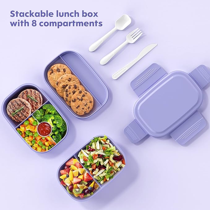 Stackable Bento Box for Adult Kids, Large Capacity 1900ml , Leak-Proof Lunchbox Containers with Utensil Set for Dining Out, Work, Picnic, School