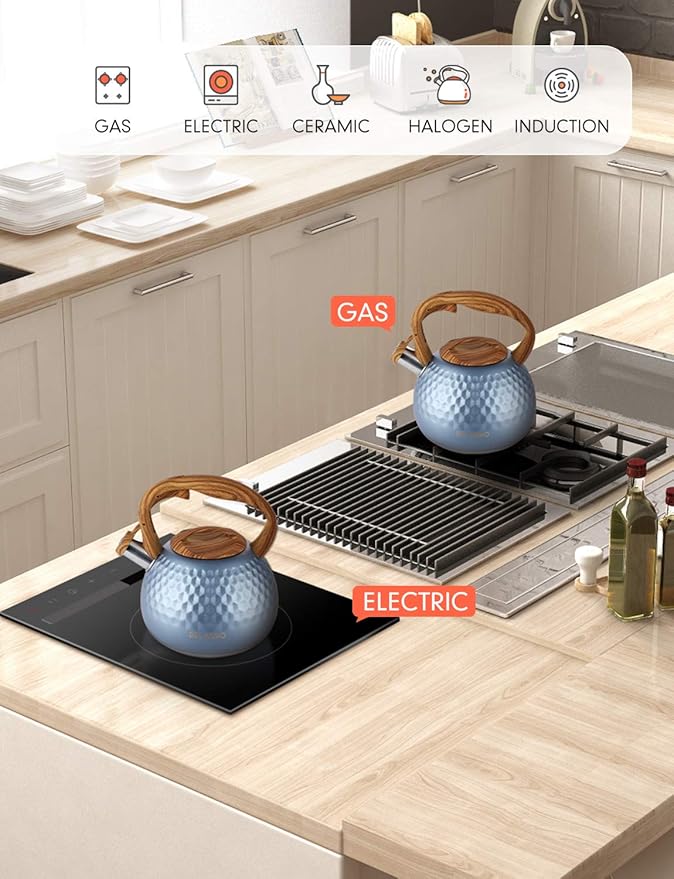 BELANKO 2.7 Quart Tea Kettle for Stovetop - Food Grade Stainless Steel with Diamond Texture, Designer Teapot Look, Cool-Touch Wood Pattern Handle, Whistling Spout - Glacier Blue