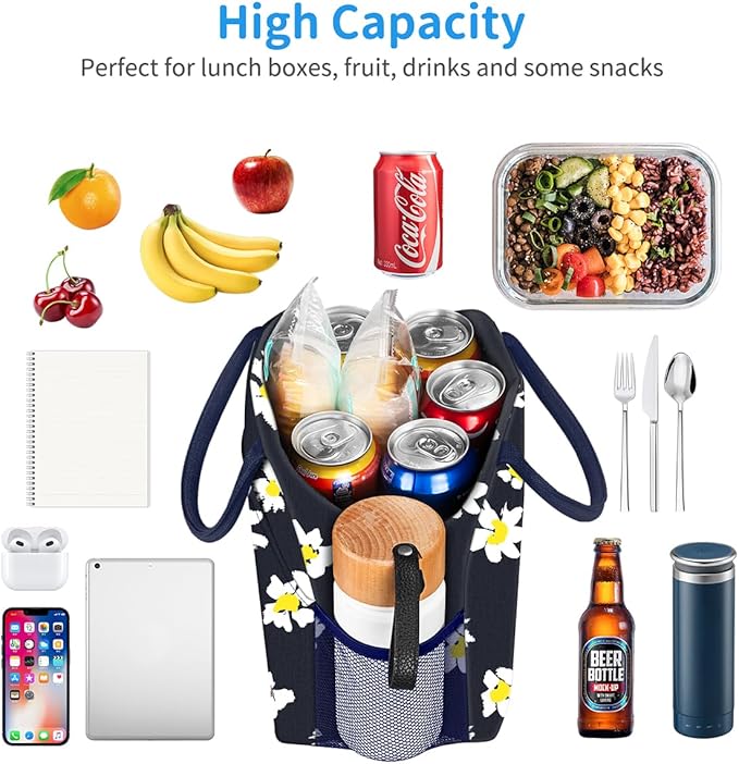 DALINDA Lunch Bag Lunch Box for Women Men Reusable Insulated Cooler Lunch Tote Bags, Leakproof Cute LunchBag Large Capacity for Work Travel Picnic, Daisy