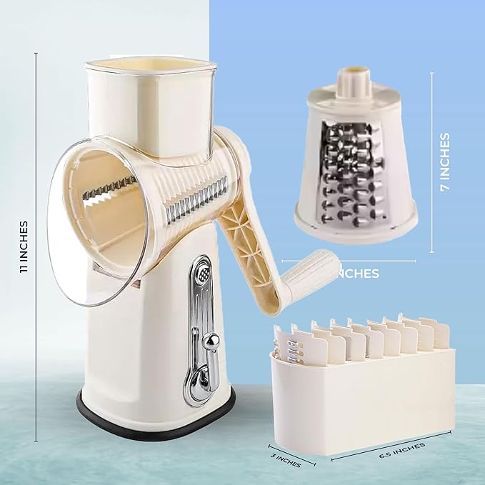 Chef Power Premium Quality 5 in 1 Cheese Grater Hand Crank - Stainless Steel Rotary Cheese Grater for Effortless Grating - Durable and Ergonomic Design for Professional and Home Use (Beige)