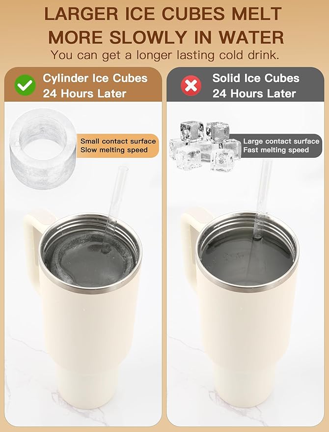 Ice Cube Tray for Tumbler Cup 30Oz-40Oz, 3 Pcs Silicone Cylinder Ice Mold with Lid and Bin for Freezer, Easy Fill and Release Ice Maker for Whiskey, Cocktail BPA-Free