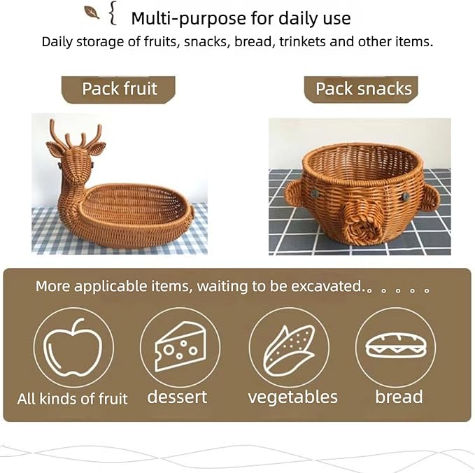 hand-woven round rattan basket storage basket storage box ornaments decorative basket multifunctional picnic food bread basket fruit gift basket key basket. (deer)