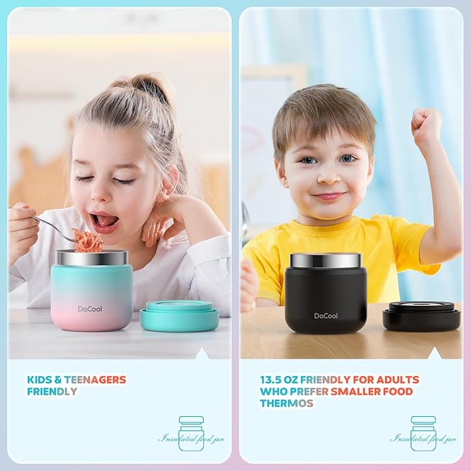 DaCool Kids Thermo for Hot Food 2 Pack 13oz/pack Insulated Food Jar Vacuum Stainless Steel Kids Food Thermo Soup Insulated Lunch Container for School Office Picnic Travel Outdoors,Black+Cotton Candy