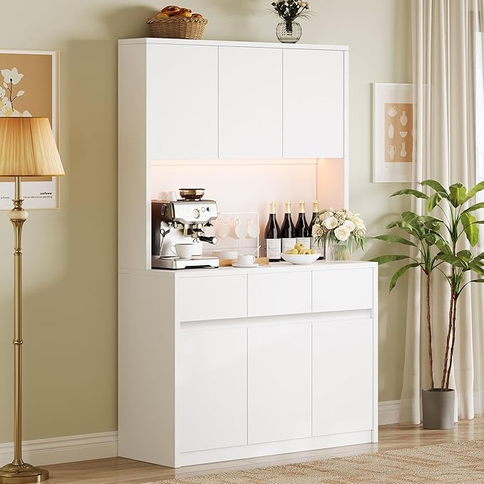 Garvee Kitchen Pantry Cabinet,71 in Tall Storage Cabinet with Doors&Shelves Adjustable, Kitchen Storage Hutch with Microwave Shelf, Led Lights&Charging Station,Corner Pantry Cabinet