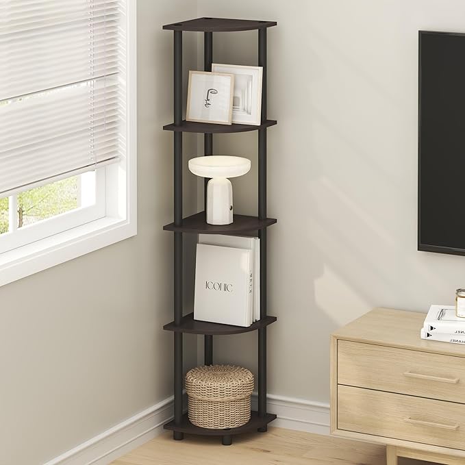 Furinno Turn-N-Tube Corner Shelf, 5-Tier Corner Bookshelf, Open Storage Shelves, for Organization and Storage, Living Room, Home Office, Garage, Bedroom, Dark Mocha
