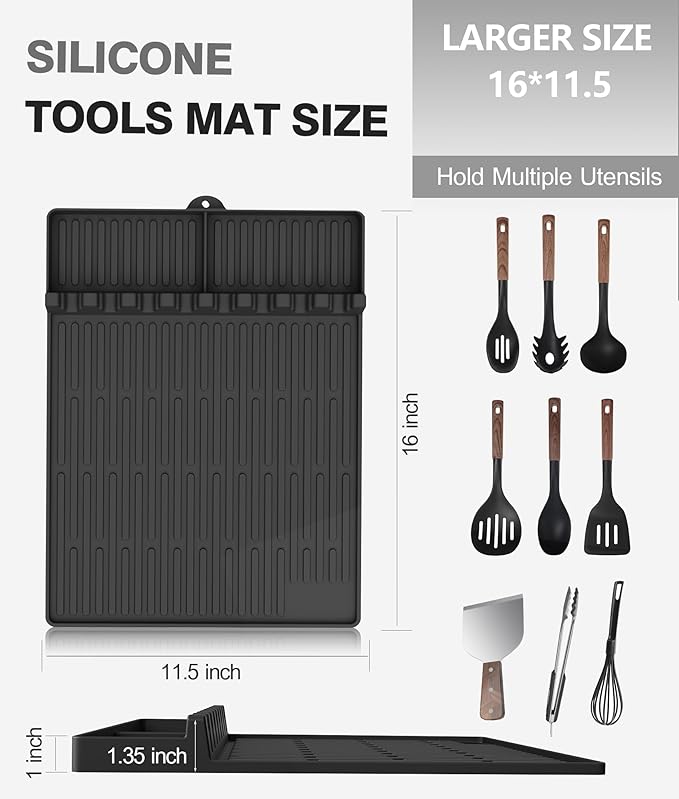 Silicone Griddle Tools Mat for Blackstone - Large Silicone Spatula Mat with Drip Pad - Griddle Mats BBQ Grill Accessories - Side Shelf Mats Grill Pad for Blackstone Griddles Accessories(Black)