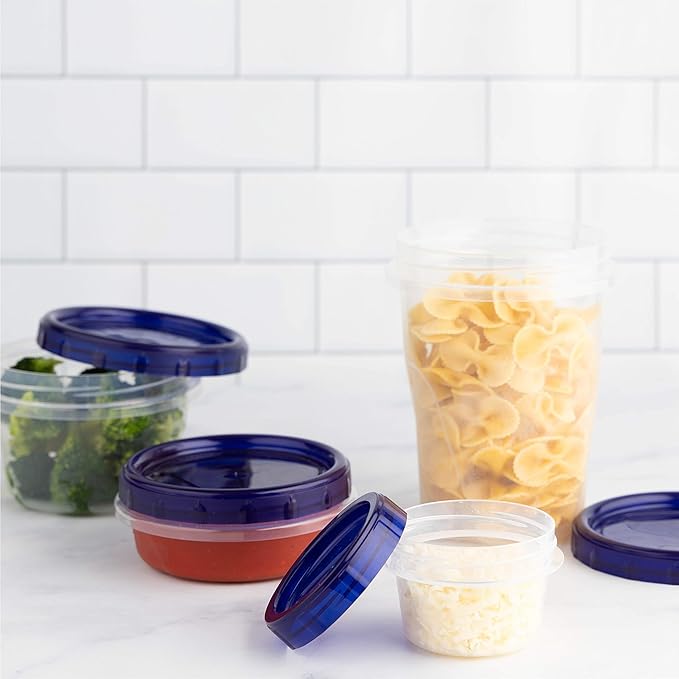 PLASTICPRO [4 oz 144 Pack] Twist Top Deli Containers Clear bottom With blue Top Twist on Lids Reusable, Stackable, Food Storage Freezer Container Pack of 144