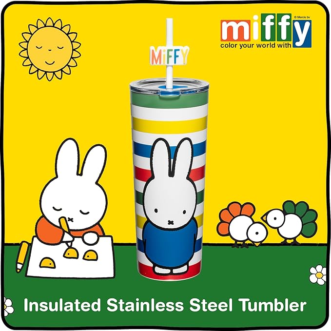 Dragon Glassware | Miffy 24 oz Vacuum Insulated Tumbler with Lid and Straw - Tumbler Cup with 2 Straws - Stainless Steel Tumbler with Straw Topper for Water, Iced Tea - Stripes