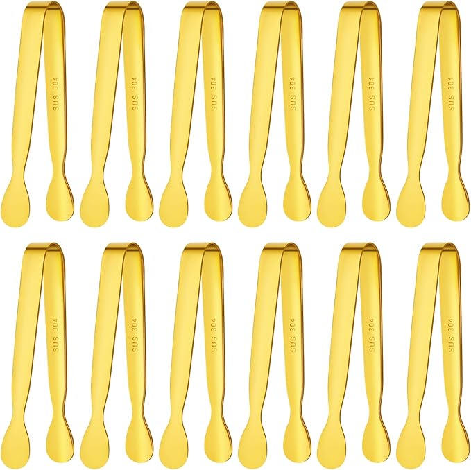 BEWOS 12Pcs Mini Serving Tongs - 4.3 Inch 304 Stainless Steel Ice Tongs, Gold Serving Tongs for Charcuterie Boards Accessories Serving, Coffee Bar, Tea Party, Desserts Banquet and Ice Bucket