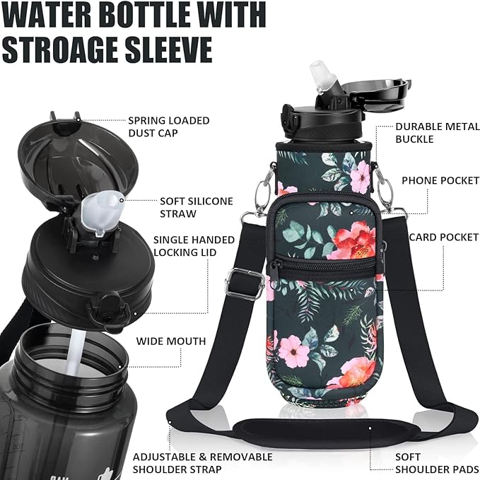 Fimibuke 32 oz Water Bottle with Sleeve - BPA Free Leakproof Sport Large 1L Plastic Motivational Water Bottle with Straw Strap & Insulated Neoprene Holder Carrier Bag Great Xmas Gift for Women Men