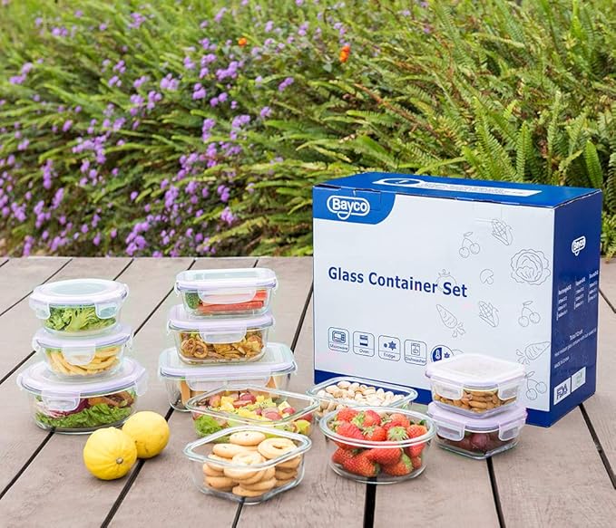 Bayco Glass Food Storage Containers with Lids, [24 Piece] Meal Prep Containers, Airtight Bento Boxes, Leak Proof (12 lids & 12 Containers) - Purple