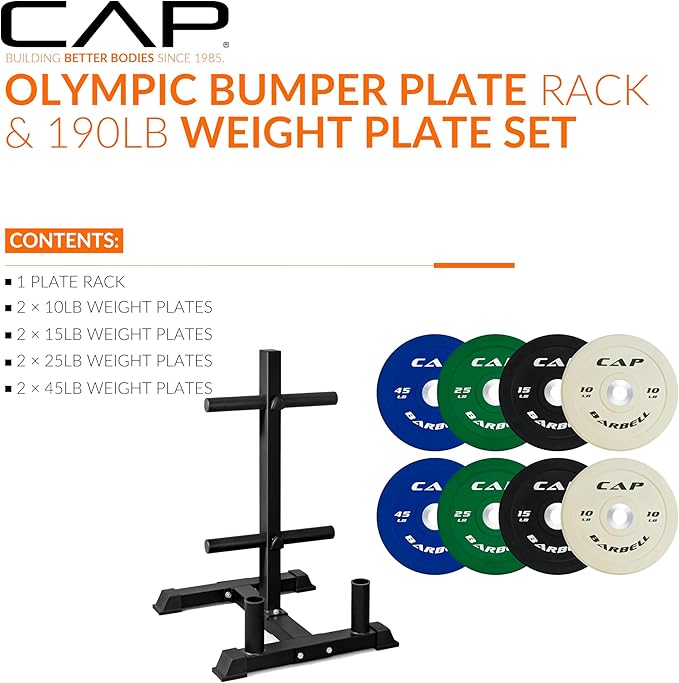 CAP Barbell 2-Inch Olympic Bumper Plate Weight Set with 6 Post Rack | 100-370 lbs | Multiple Options