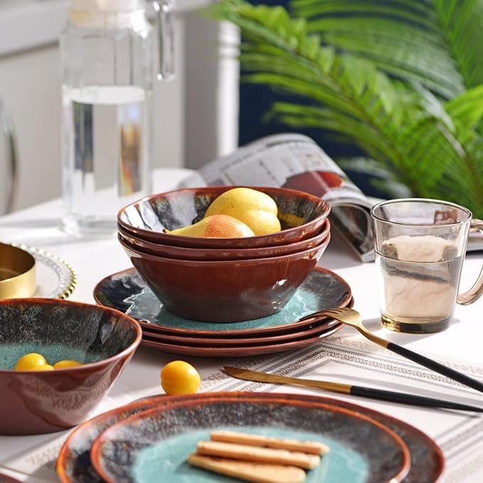 Melamine Dinnerware Set 12 Pcs for 4, Camping Plates and Bowls, Unbreakable, Lightweight, BPA Free, Dishwasher Safe, Blue With Brown