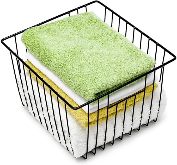 Slideep Refrigerator Freezer Organizer Wire Storage Basket , Farmhouse Food Wire Bins Container with Handles for Kitchen, Pantry, Freezer, Cabinet, Car, Bathroom Black 4 Pack