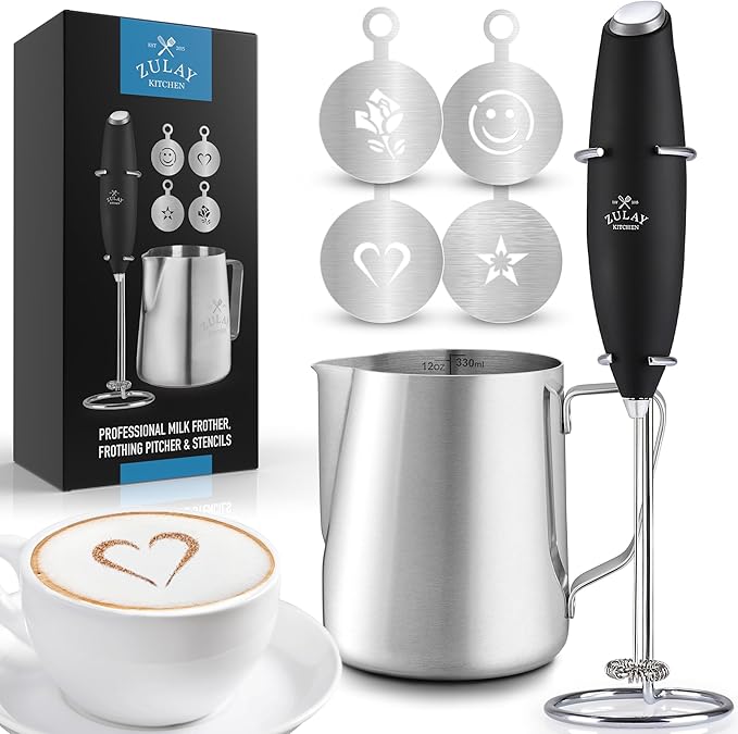 Zulay Kitchen Premium Gift Milk Frother Complete Set - Handheld Foam Maker, Stencils & Frothing Pitcher Set - Whisk Drink Mixer for Coffee - Mini Blender for Cappuccino, Frappe - Black