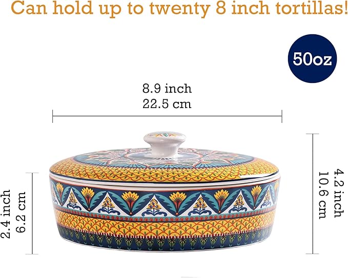 Bico Havana Ceramic Tortilla Warmer, 8.9 Inch Tortilla Holder with Lid for Taco Bread Pancake for Mexican Night and Party, Microwave and Dishwasher Safe