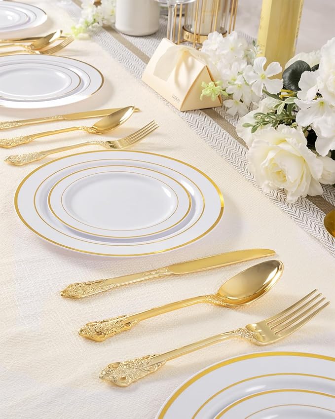 bUCLA 150PCS Gold Plastic Silverware Disposable - Heavy Duty Plastic Cutlery - Gold Disposable Utensils Set - Include 50 Knives, 50 Forks, 50 Spoons for Party & Thanksgiving