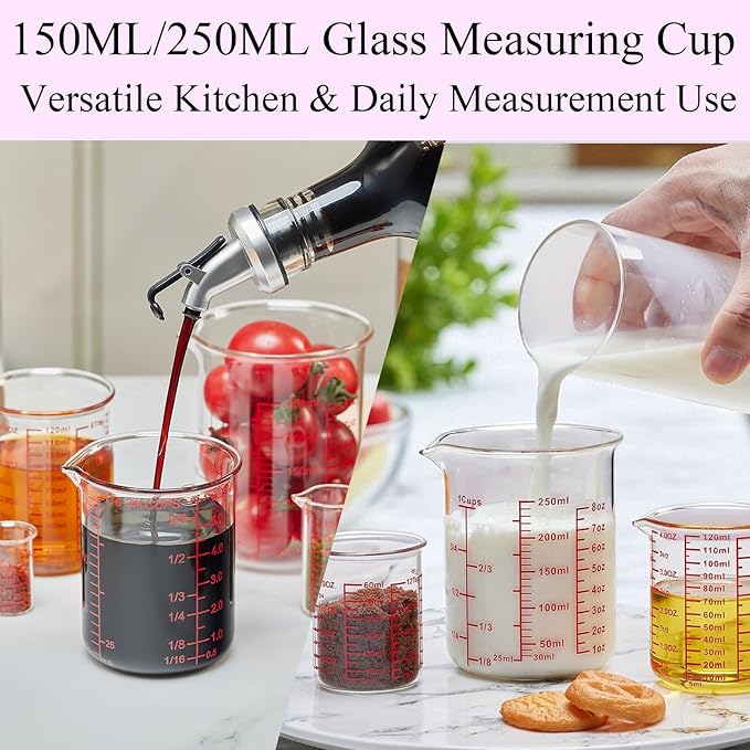 Ackers 7-Piece Glass Measuring Cup Set, Borosilicate Beaker Style Nesting Liquid Measuring Cups