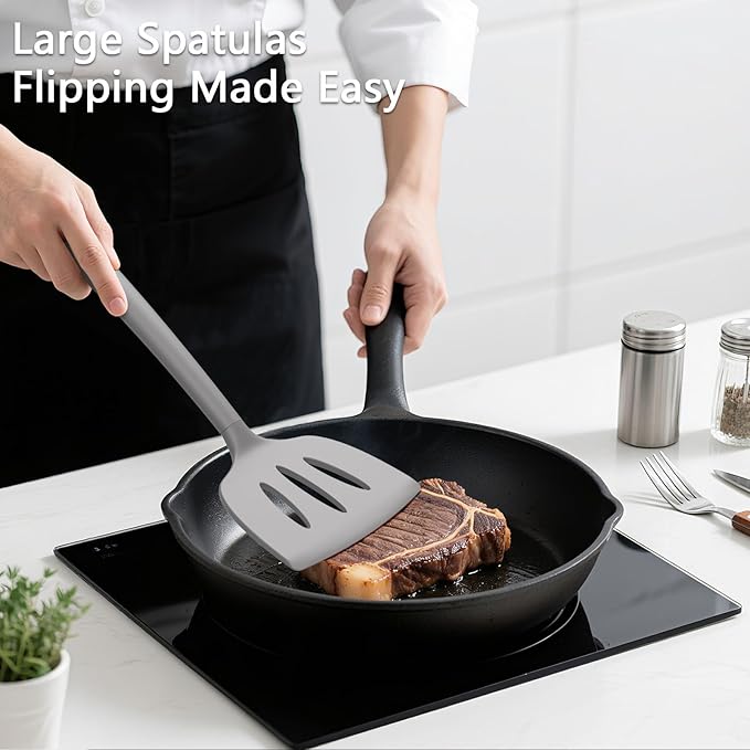 Coukre 3 Pack Silicone Spatula Set, High Heat Resistant, BPA-Free, Fish Spatula, Solid & Slotted Turner for Non-Stick Pans, Flipping Eggs, Pancakes, Fish, Burgers (3, PureGray)