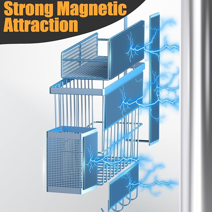 Magnetic Spice Rack for Refrigerator, 7 Pack 100% Metal Strong Magnet Shelf, Spice Organizer W/ Paper Towel Holder, Hook Rack, Utensil Caddy & Cutting Board Holder, Home Kitchen Organization (Blue)