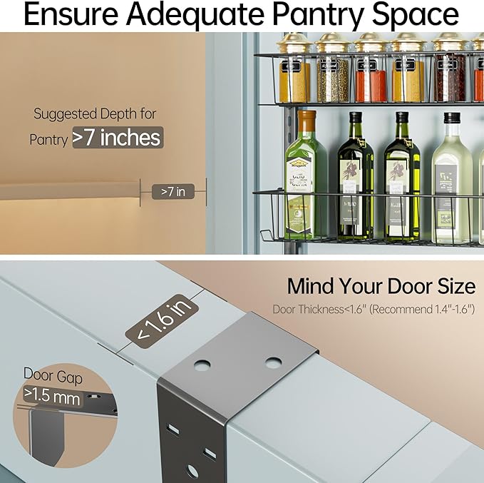 Delamu Adjustable Cabinet Door Organizer, 6-Tier Hanging Spice Rack Organizer, Metal Over the Door Pantry Organizer, Pantry Organizers and Storage Shelves for Kitchen Bathroom Laundry Room, Black