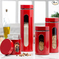 Quality Modern Red Stainless Steel Canister Set for Kitchen Counter with Glass Window & Airtight Lid - Food Storage Containers with Lids Airtight - Pantry Storage and Organization Set