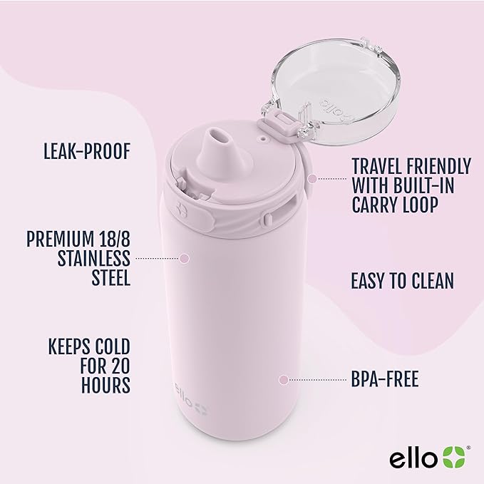 Ello Cooper 40oz Stainless Steel Water Bottle with Straw and Carry Handle, Double Walled and Vacuum Insulated Metal, Leak Proof Locking Lid with Soft Silicone Spout, Reusable, BPA Free, Cashmere Pink