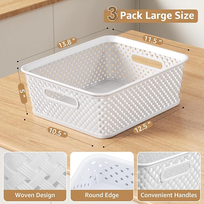 MaxGear Organization and Storage 3 Packs, Plastic Bins Organizer Bins, Woven Baskets for Storage, Plastic Baskets with Handles, White Basket for Organizing, Basket Organizer for Home and Office, Large