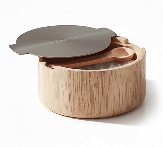 Wooden Salt Box with Stainless Steel Lid & Spoon – Rubberwood Keeper to avoid Dust, Minimal Scandinavian Bowl for Pepper, Spices, Herbs and Salt Storage Container - Wooden