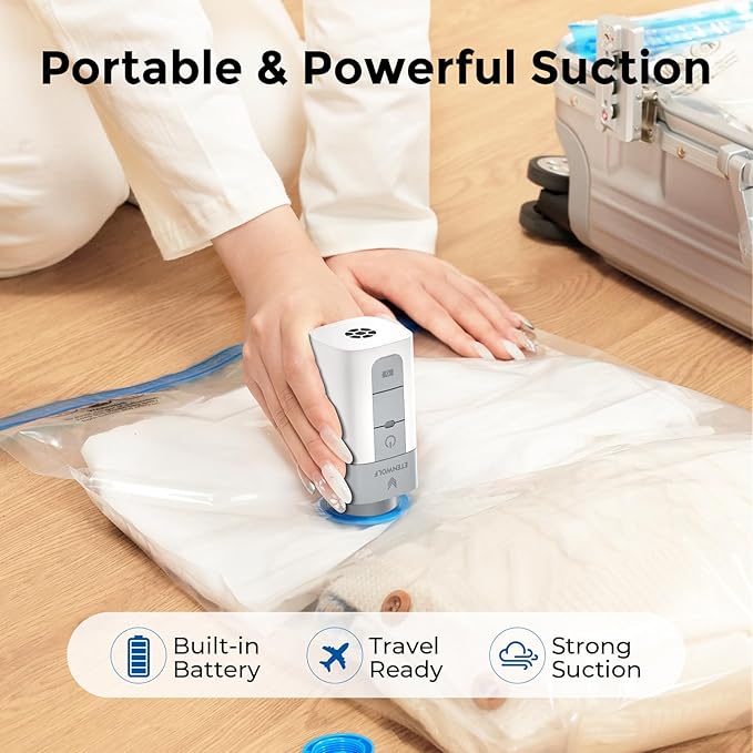 ETENWOLF 20 Pack Vacuum Storage Bags with Rechargeable Wireless Pump, Vacuum Seal Bags for Clothes and Travel, Space Saver Bags in Multiple Carry-On Sizes, Perfect for Luggage and Suitcases