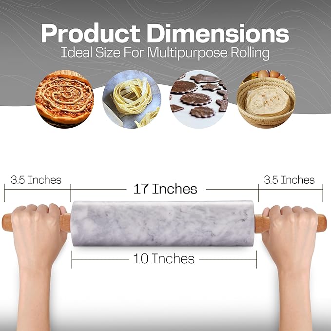 17 Inch Marble Rolling Pin with Wooden Handles & Wood Cradle, Dough Roller for Baking Pizza, Pies, Pastries, Pasta, Cookies