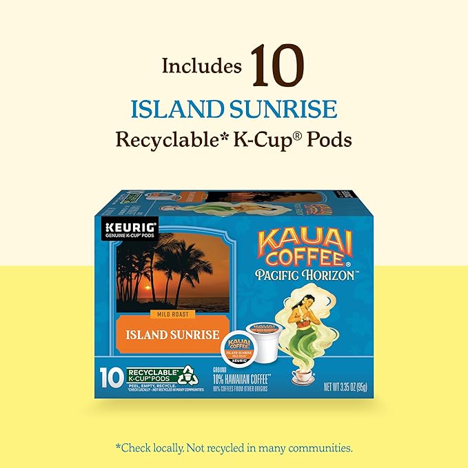 Kauai Coffee K-Cup Pods for Keurig Brewers – Arabica Coffee, 10% Hawaiian – Mild Roast, Light with Bright Aroma – Island Sunrise, 2 Pack of 10 Single Serve K-Cups