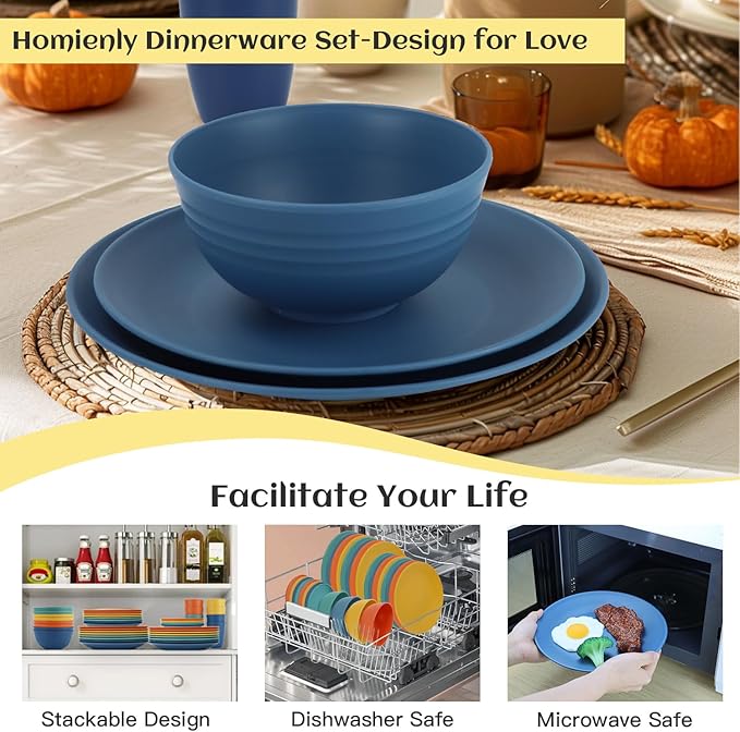 40-Piece Unbreakable Plastic Wheat Straw Dinnerware Set - Multi Color, 8-Person Dish Set for Dinner, Plates, Bowls, Cups & Appetizer Plates - Perfect for Outdoor Camping