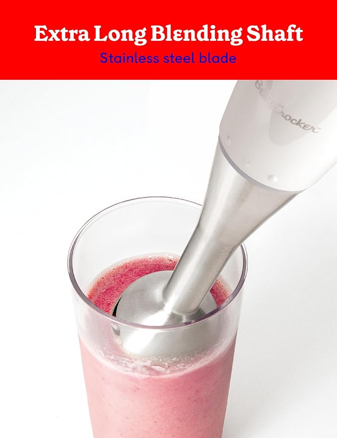 BETTY CROCKER Immersion Blender for Home & Kitchen, 2-Speed Hand Mixer Electric Handheld with Stainless Steel Blade, Beaker & Whisk, 250W Portable Blender with Ergonomic Handle, White
