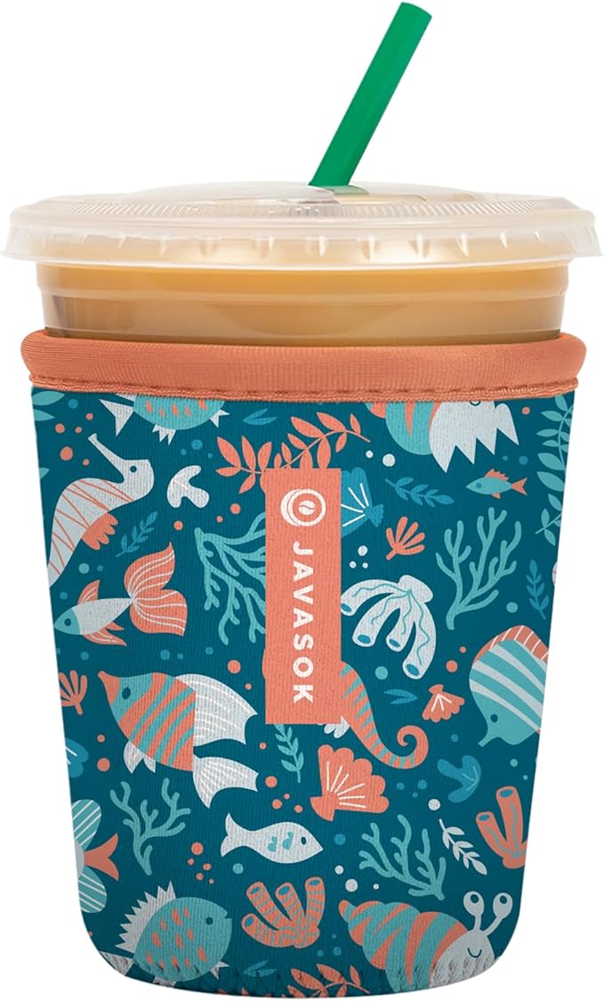 Sok It JavaSok Iced Coffee & Cold Soda Insulated Neoprene Cup Sleeve (Reef Life, Small: 16-20oz)