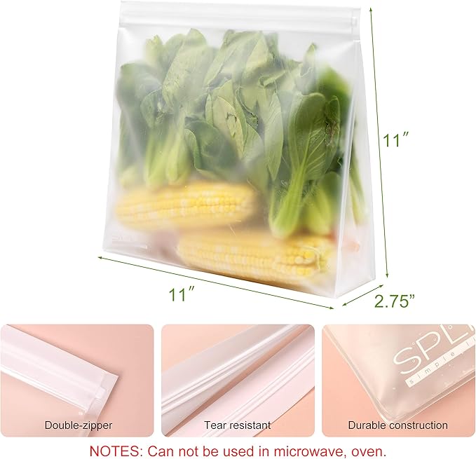 SPLF 4 Pack Dishwasher Safe Reusable Storage Bags, Reusable Gallon Freezer Bags, BPA FREE Stand Up Extra Thick Leakproof Silicone and Plastic Free Zipper Sandwich Snack Lunch Food Bags