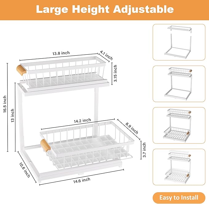 Under Sink Organizer,2 Tier Under Sink Organizers and Storage,Slide Out Pull Out Cabinet Organizer Shelf, Metal Sliding Drawer for Kitchen Bathroom Pantry Cabinet Closet Organization Rack