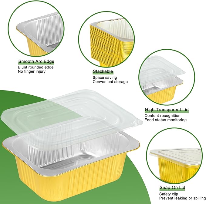 40 Pack 3LB Gold Aluminum Foil Pans with Lids Heavy Duty 8.6"×6.6"×2.4" Foil Food Containers with Lids, Tin Foil Pans for Baking, Meal Prep, Freezer, Heating and Takeout